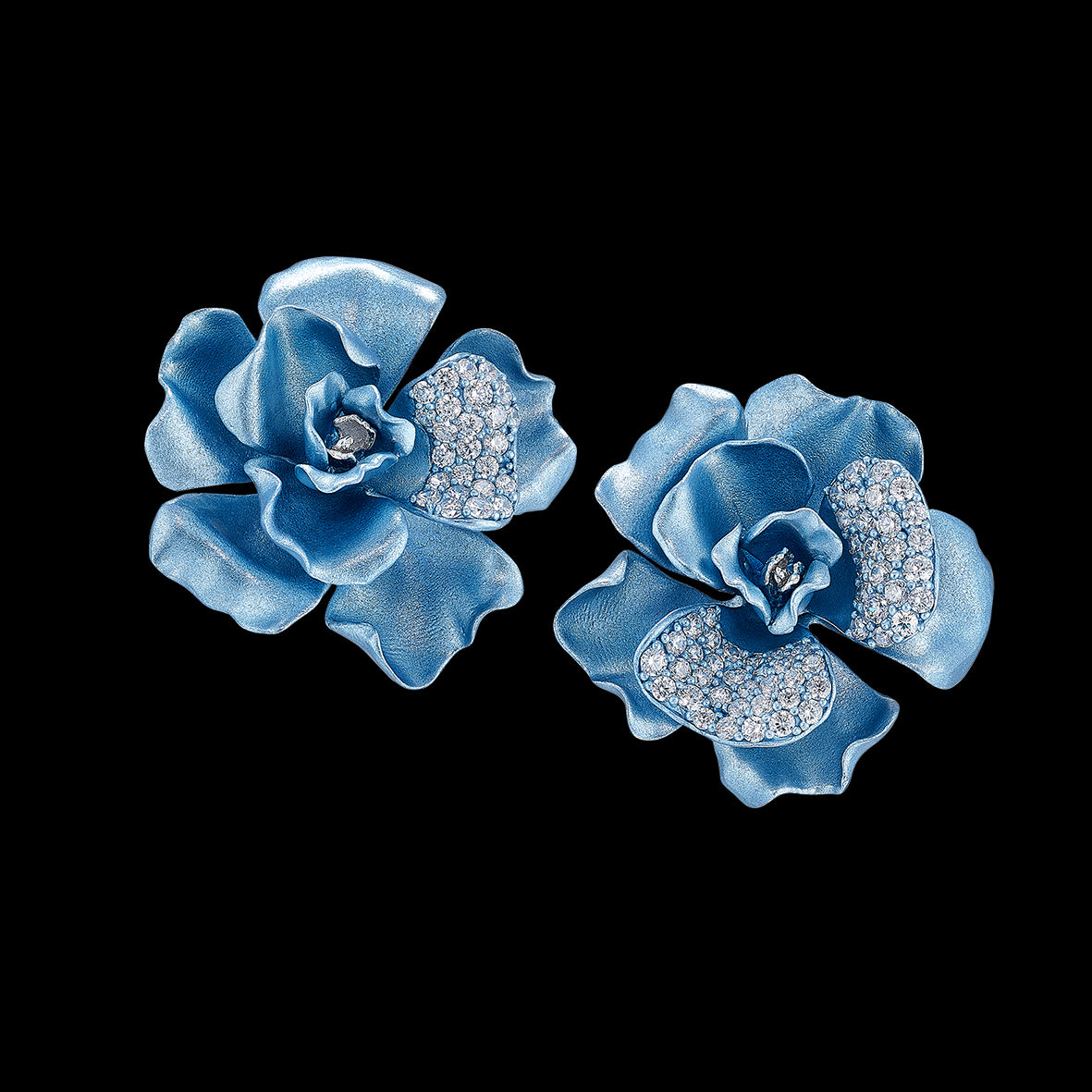 Baby Blue Camelia Earrings , Earrings, Anabela Chan Joaillerie - Fine jewelry with laboratory grown and created gemstones hand-crafted in the United Kingdom. Anabela Chan Joaillerie is the first fine jewellery brand in the world to champion laboratory-grown and created gemstones with high jewellery design, artisanal craftsmanship and a focus on ethical and sustainable innovations.