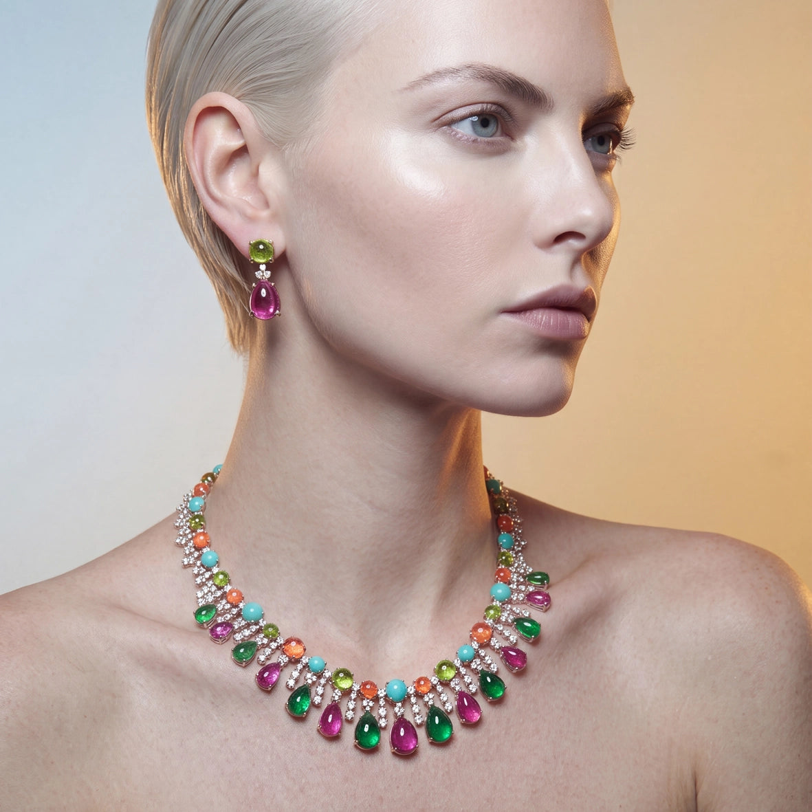 Fuchsia Peridot Tutti Frutti Drops. Lab-Grown Sapphire