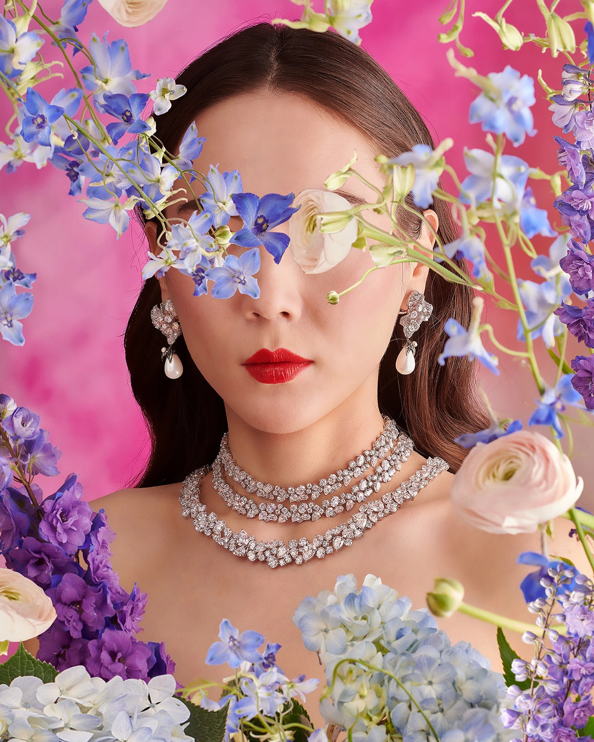 Anabela Chan Joaillerie_Diamond Garden of Eden Necklace, Diamond Garden of Eden Choker, Pearl Blossom Earrings_Floral Fantasy Model Campaign Image