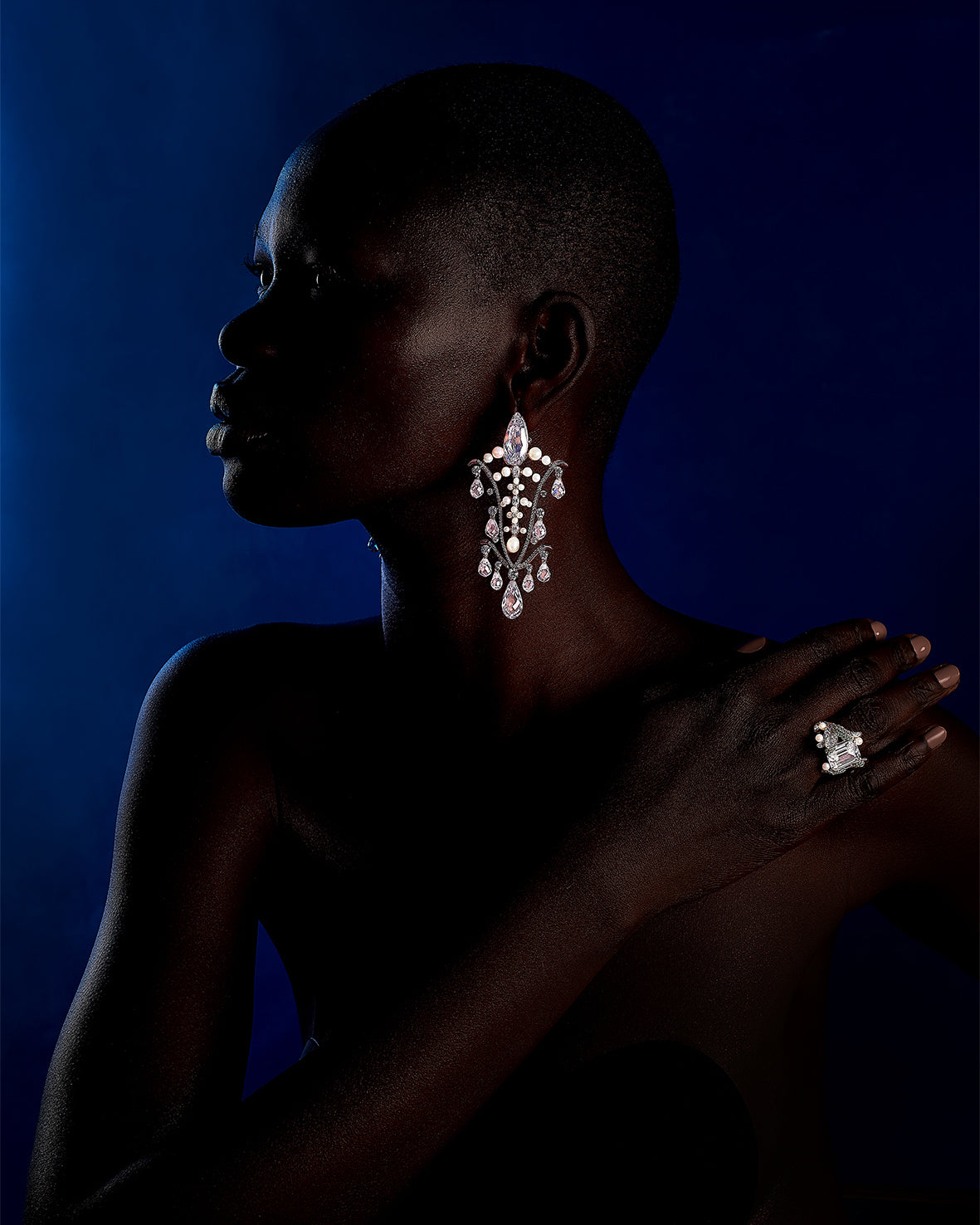 Anabela Chan Joaillerie_Diamond Supernova Earrings, Diamond Lily Ring_Model Campaign Shot