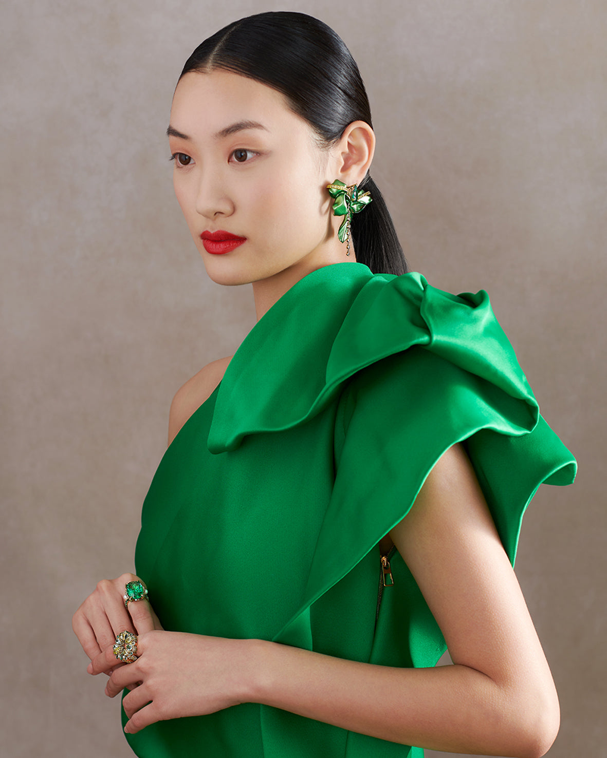 Anabela Chan Joaillerie_Emerald Cupid's Bow Earrings, Emerald Pave Pannetone & Tourmaline Mermaid Rings_Model Campaign Shot
