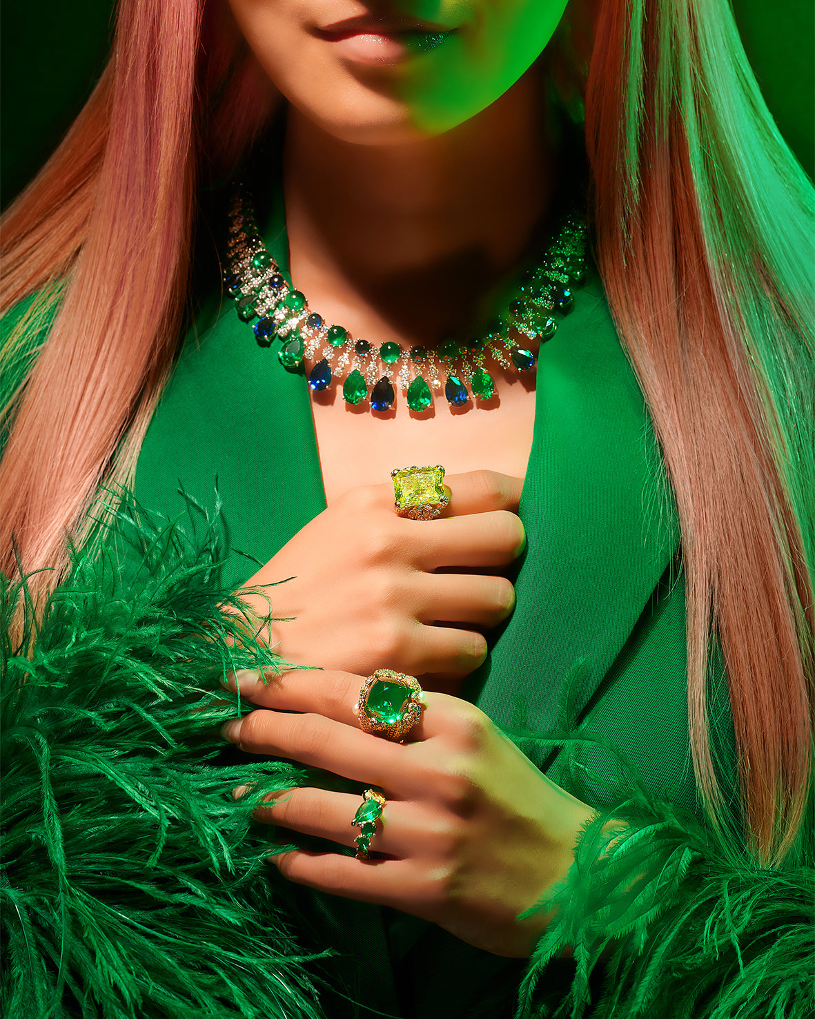 Anabela Chan Joaillerie_Emerald Sapphire Tutti Frutti Necklace, Neon Cinderella Ring, Lemon Cinderella Ring Ring, Emerald Sugarloaf Berry Ring, Emerald Ombré Nova Starburst Ring_Model Campaign Image