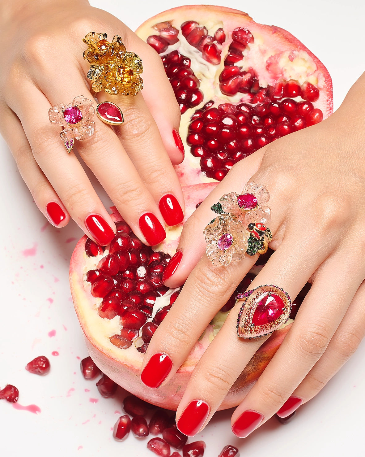 Anabela_Chan_Joaillerie_Fruit_Gems__Collection_Page_Ruby_Beetroot_Petunia_Ring_Ruby_Beetroot_Elixir_Ring_Beetroot_Dragonfruit_Garden_Ring_Amber_Garden_Ring_Model_Campaign_Image