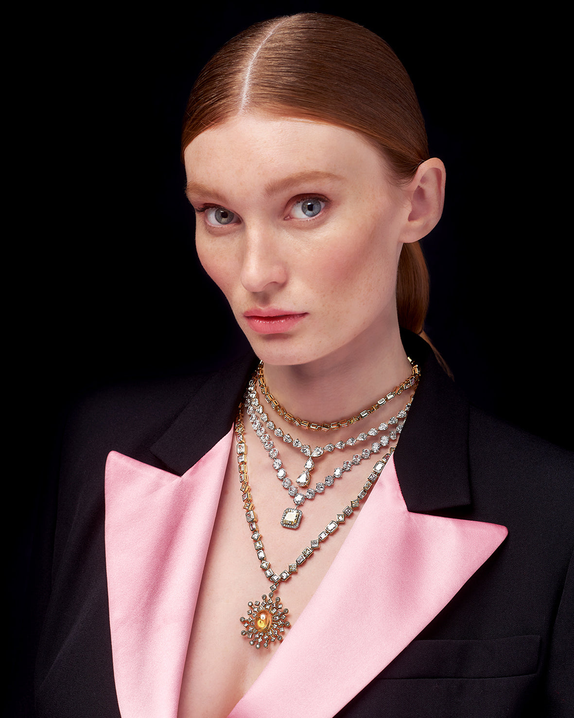 Anabela Chan Joaillerie_Model Campaign Shot_Candy Spectra Pendant Necklace, Diamond Nova Necklace. White Gold