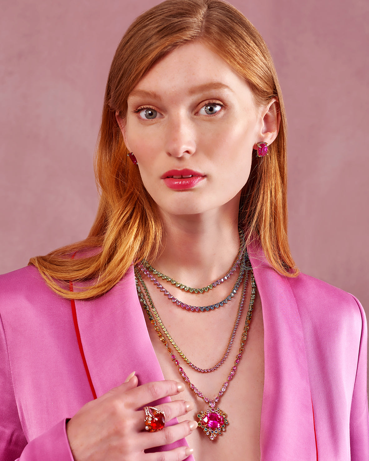 Anabela Chan Joaillerie_Model Campaign Shot_Rainbow Spectra Pendant Necklace, Magenta Eternity Heart Necklace, Petite Eternity Heart Necklace, Peony Eternity Heart Necklace, Goldenberry Sugarloaf Ring, Fuchsia Cushion Wing Studs