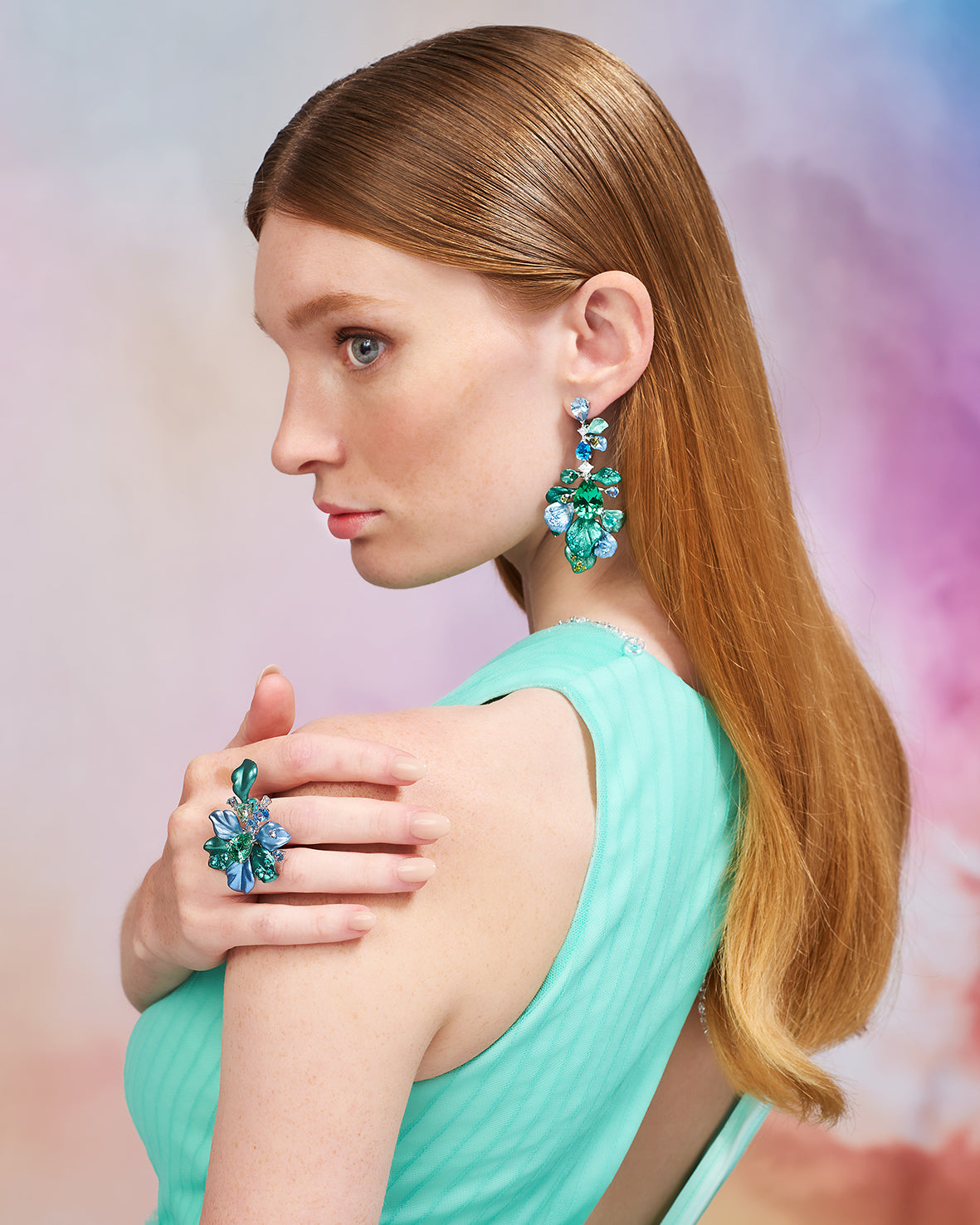 Anabela Chan Joaillerie_Paraiba Ariel Earrings, Paraiba Ariel Ring_Model Campaign Shot