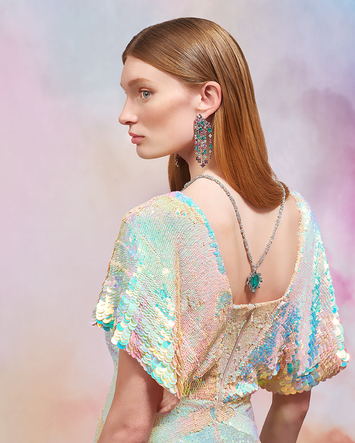 Anabela Chan Joaillerie_Paraiba Pink Cascade Earrings, Paraiba Spectra Pendant Necklace_Model Campaign Shot