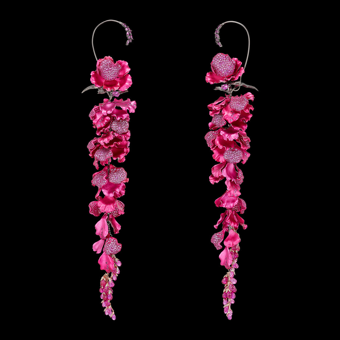 Fuchsia Wisteria Earrings, Earrings, Anabela Chan Joaillerie - Fine jewelry with laboratory grown and created gemstones hand-crafted in the United Kingdom. Anabela Chan Joaillerie is the first fine jewellery brand in the world to champion laboratory-grown and created gemstones with high jewellery design, artisanal craftsmanship and a focus on ethical and sustainable innovations.