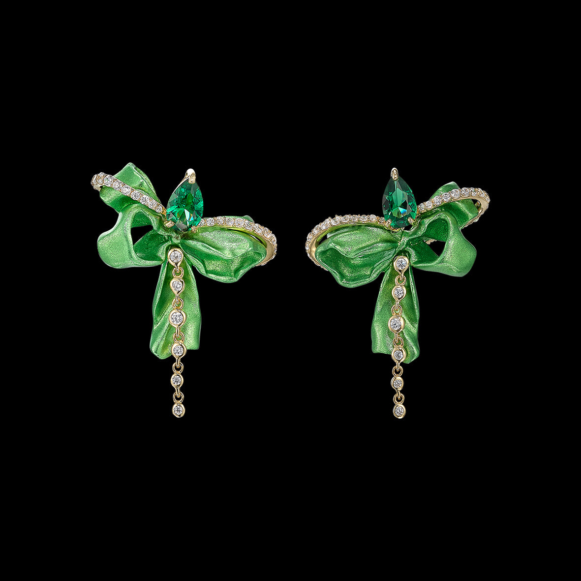 Emerald Mini Bow Earrings, Earring, Anabela Chan Joaillerie - Fine jewelry with laboratory grown and created gemstones hand-crafted in the United Kingdom. Anabela Chan Joaillerie is the first fine jewellery brand in the world to champion laboratory-grown and created gemstones with high jewellery design, artisanal craftsmanship and a focus on ethical and sustainable innovations.