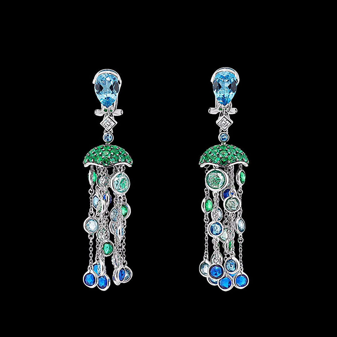 Aqua Medusa Tassel Earrings, Earring, Anabela Chan Joaillerie - Fine jewelry with laboratory grown and created gemstones hand-crafted in the United Kingdom. Anabela Chan Joaillerie is the first fine jewellery brand in the world to champion laboratory-grown and created gemstones with high jewellery design, artisanal craftsmanship and a focus on ethical and sustainable innovations.