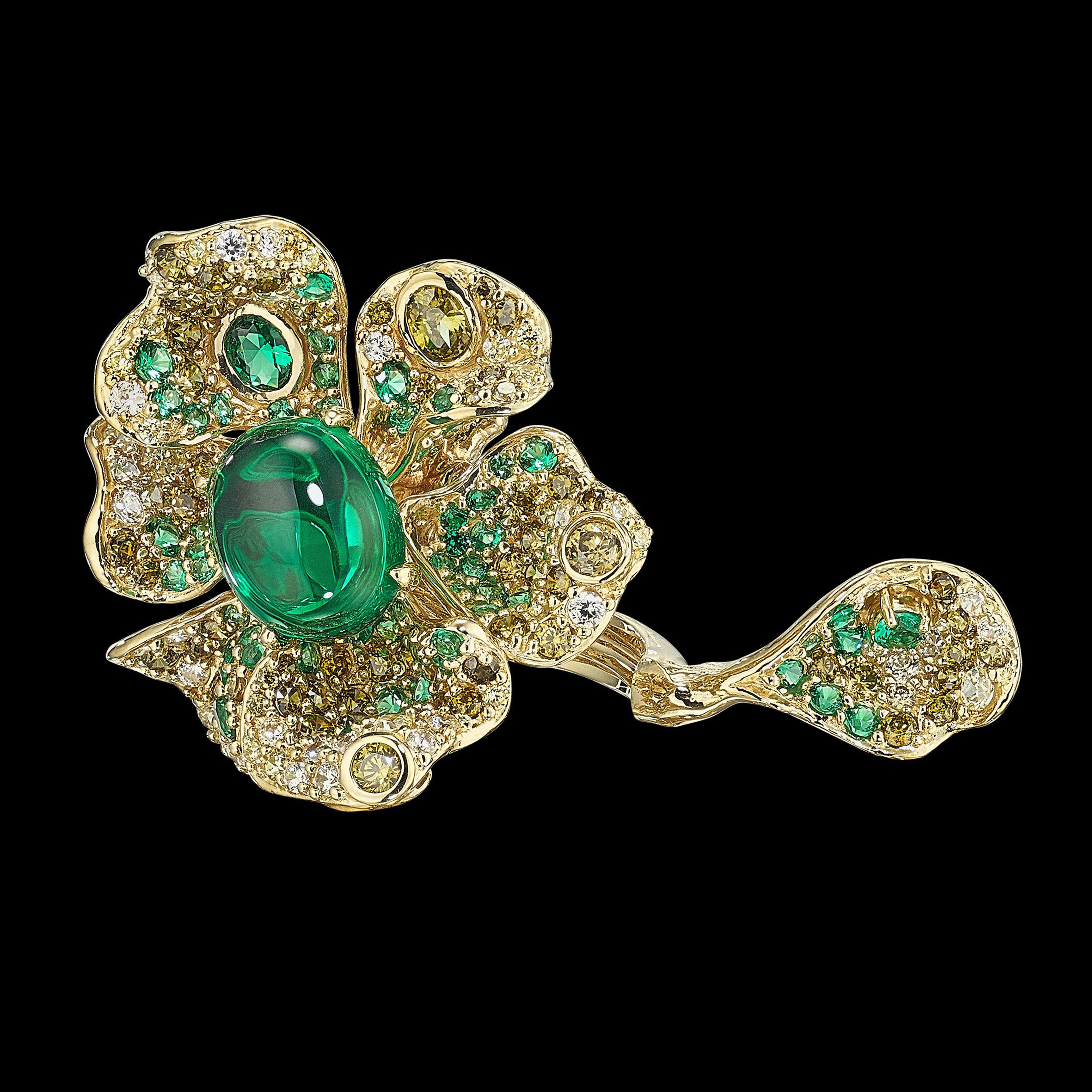 Emerald Peony Ring, Ring, Anabela Chan Joaillerie - Fine jewelry with laboratory grown and created gemstones hand-crafted in the United Kingdom. Anabela Chan Joaillerie is the first fine jewellery brand in the world to champion laboratory-grown and created gemstones with high jewellery design, artisanal craftsmanship and a focus on ethical and sustainable innovations.