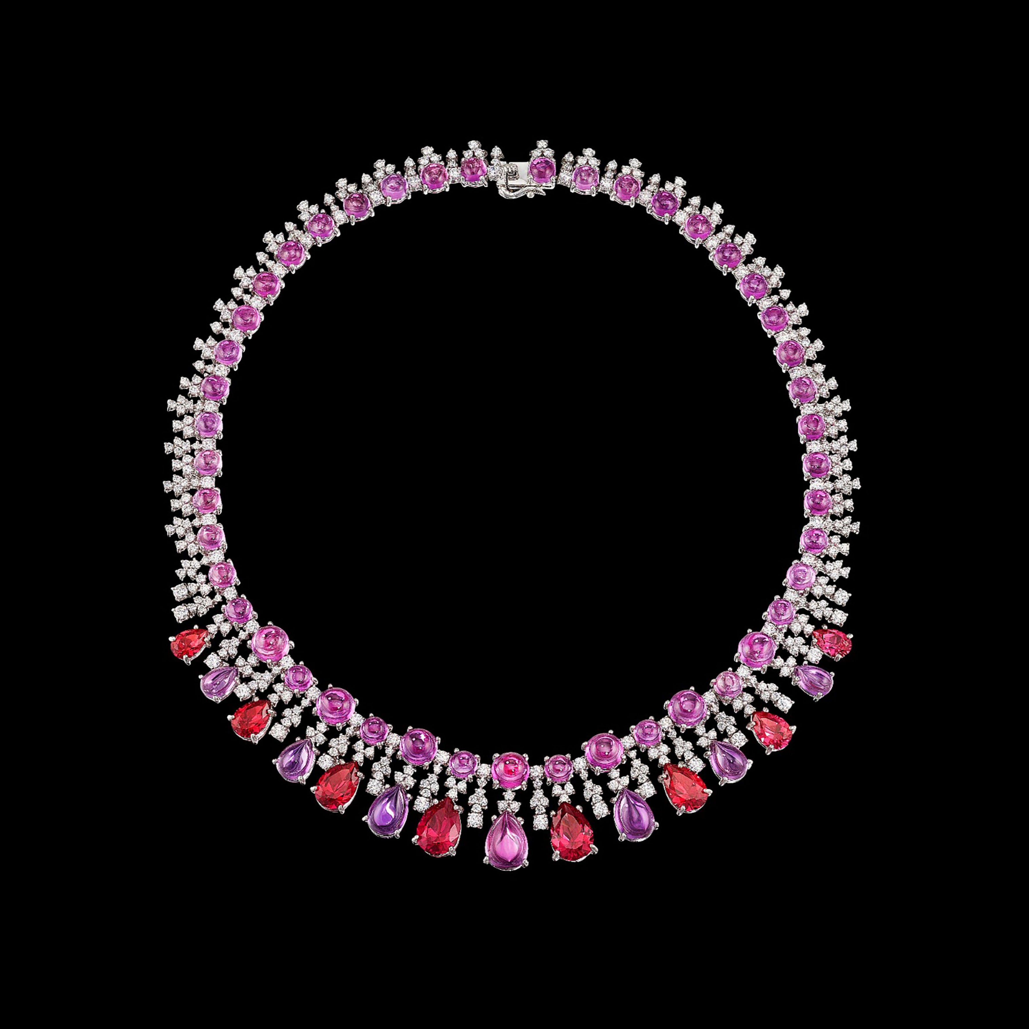 Pomegranate Tutti Frutti Necklace, Faceted, Necklace, Anabela Chan Joaillerie - Fine jewelry with laboratory grown and created gemstones hand-crafted in the United Kingdom. Anabela Chan Joaillerie is the first fine jewellery brand in the world to champion laboratory-grown and created gemstones with high jewellery design, artisanal craftsmanship and a focus on ethical and sustainable innovations.