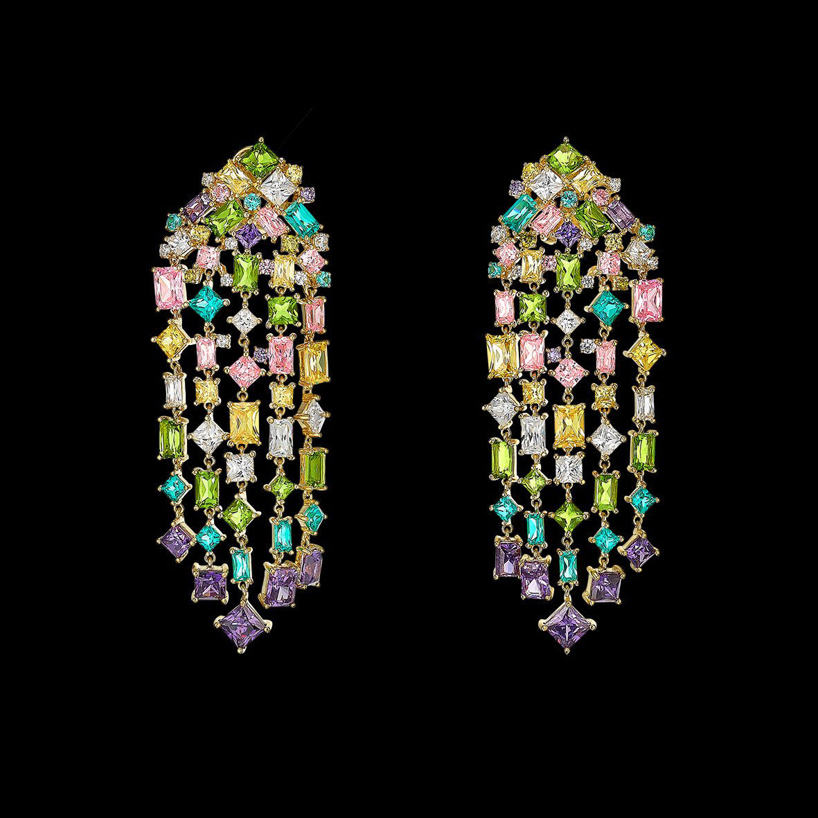 Rainbow Cascade Earrings, Earrings, Anabela Chan Joaillerie - Fine jewelry with laboratory grown and created gemstones hand-crafted in the United Kingdom. Anabela Chan Joaillerie is the first fine jewellery brand in the world to champion laboratory-grown and created gemstones with high jewellery design, artisanal craftsmanship and a focus on ethical and sustainable innovations.