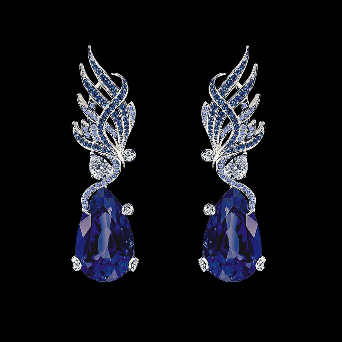 Sapphire Feather Earrings, Earring, Anabela Chan Joaillerie - Fine jewelry with laboratory grown and created gemstones hand-crafted in the United Kingdom. Anabela Chan Joaillerie is the first fine jewellery brand in the world to champion laboratory-grown and created gemstones with high jewellery design, artisanal craftsmanship and a focus on ethical and sustainable innovations.
