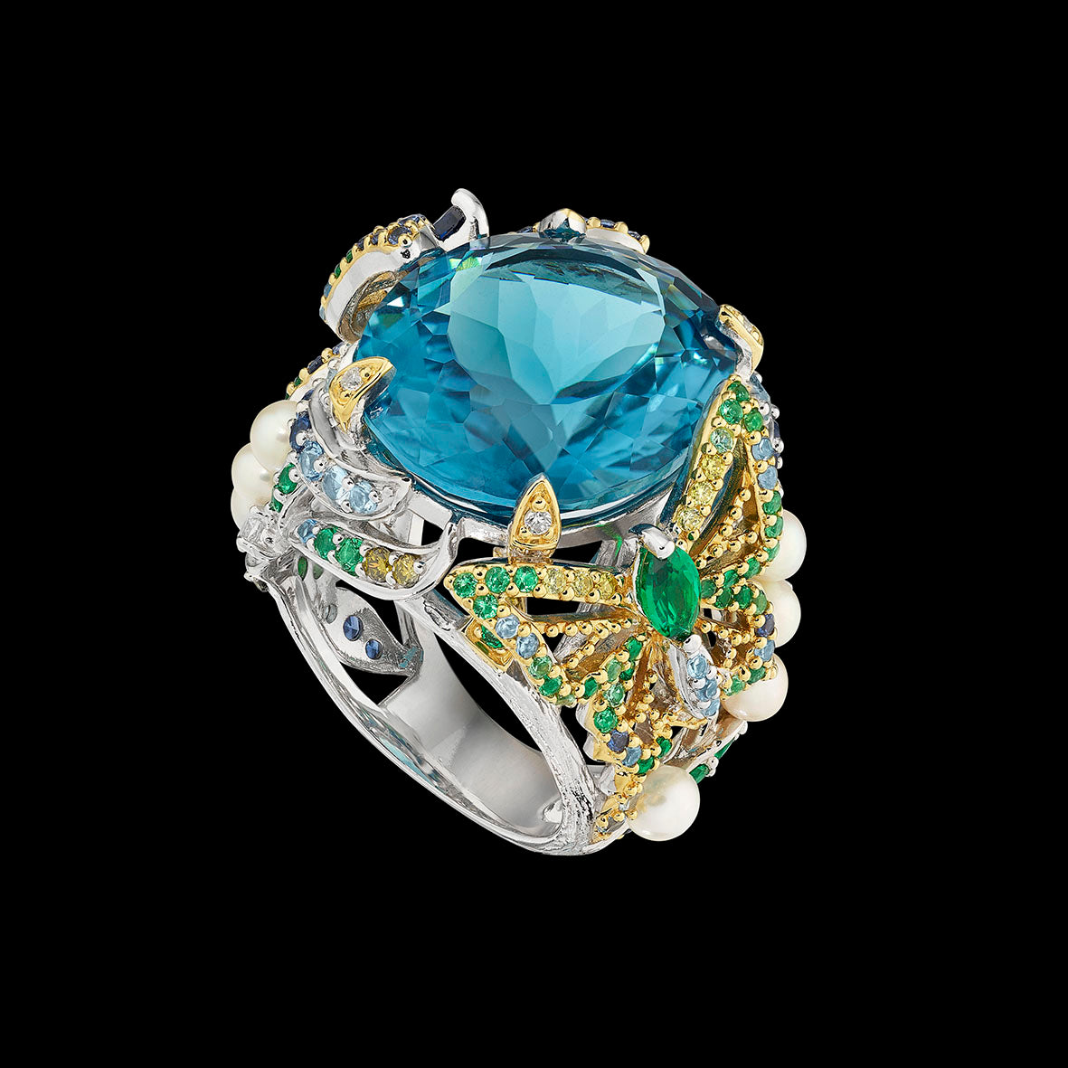 Aqua Swallowtail Ring, Ring, Anabela Chan Joaillerie - Fine jewelry with laboratory grown and created gemstones hand-crafted in the United Kingdom. Anabela Chan Joaillerie is the first fine jewellery brand in the world to champion laboratory-grown and created gemstones with high jewellery design, artisanal craftsmanship and a focus on ethical and sustainable innovations.
