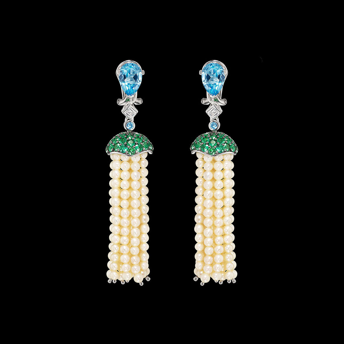 Aqua Pearl Tassel Earrings, Earring, Anabela Chan Joaillerie - Fine jewelry with laboratory grown and created gemstones hand-crafted in the United Kingdom. Anabela Chan Joaillerie is the first fine jewellery brand in the world to champion laboratory-grown and created gemstones with high jewellery design, artisanal craftsmanship and a focus on ethical and sustainable innovations.