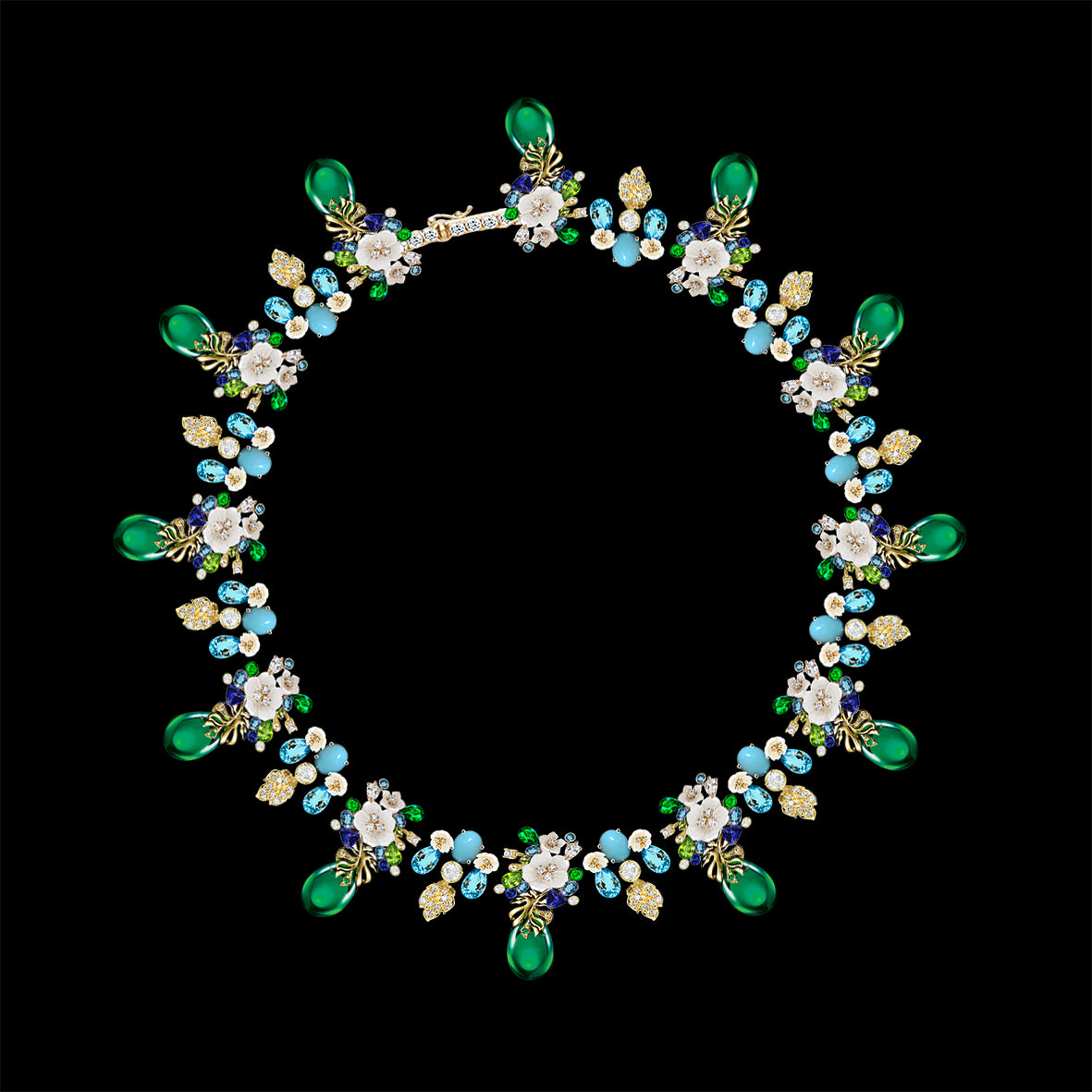 Emerald Turquoise Palm Paradise Necklace, Necklace, Anabela Chan Joaillerie - Fine jewelry with laboratory grown and created gemstones hand-crafted in the United Kingdom. Anabela Chan Joaillerie is the first fine jewellery brand in the world to champion laboratory-grown and created gemstones with high jewellery design, artisanal craftsmanship and a focus on ethical and sustainable innovations.