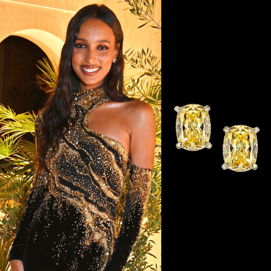 Our timeless Canary Cushion Wing Studs worn by Jasmine Tookes