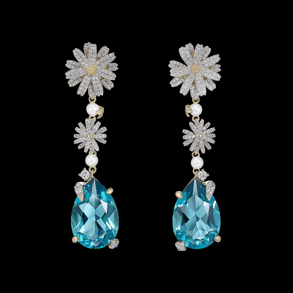 Aqua Daisy Drop Earrings, Earrings, Anabela Chan Joaillerie - Fine jewelry with laboratory grown and created gemstones hand-crafted in the United Kingdom. Anabela Chan Joaillerie is the first fine jewellery brand in the world to champion laboratory-grown and created gemstones with high jewellery design, artisanal craftsmanship and a focus on ethical and sustainable innovations.
