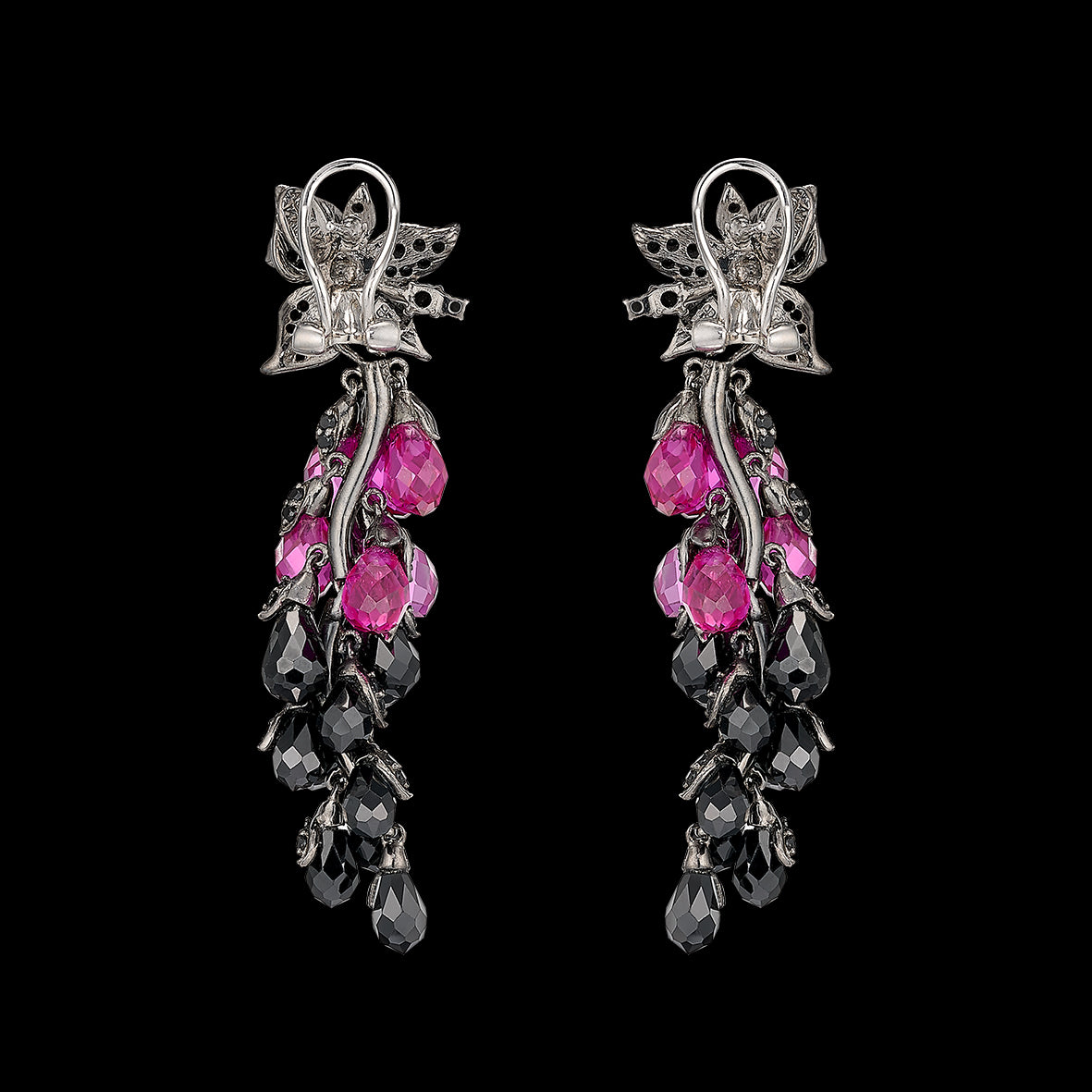 Black Diamond Fuchsia Coralbell Earrings, Earrings, Anabela Chan Joaillerie - Fine jewelry with laboratory grown and created gemstones hand-crafted in the United Kingdom. Anabela Chan Joaillerie is the first fine jewellery brand in the world to champion laboratory-grown and created gemstones with high jewellery design, artisanal craftsmanship and a focus on ethical and sustainable innovations.
