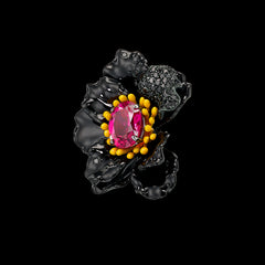 Black Diamond Fuchsia Poppy Earrings, Earrings, Anabela Chan Joaillerie - Fine jewelry with laboratory grown and created gemstones hand-crafted in the United Kingdom. Anabela Chan Joaillerie is the first fine jewellery brand in the world to champion laboratory-grown and created gemstones with high jewellery design, artisanal craftsmanship and a focus on ethical and sustainable innovations.