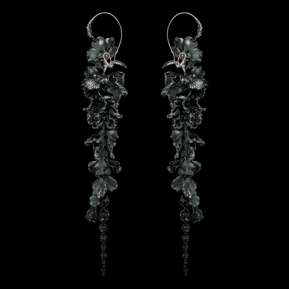 Black Diamond Wisteria Earrings, Earrings, Anabela Chan Joaillerie - Fine jewelry with laboratory grown and created gemstones hand-crafted in the United Kingdom. Anabela Chan Joaillerie is the first fine jewellery brand in the world to champion laboratory-grown and created gemstones with high jewellery design, artisanal craftsmanship and a focus on ethical and sustainable innovations.