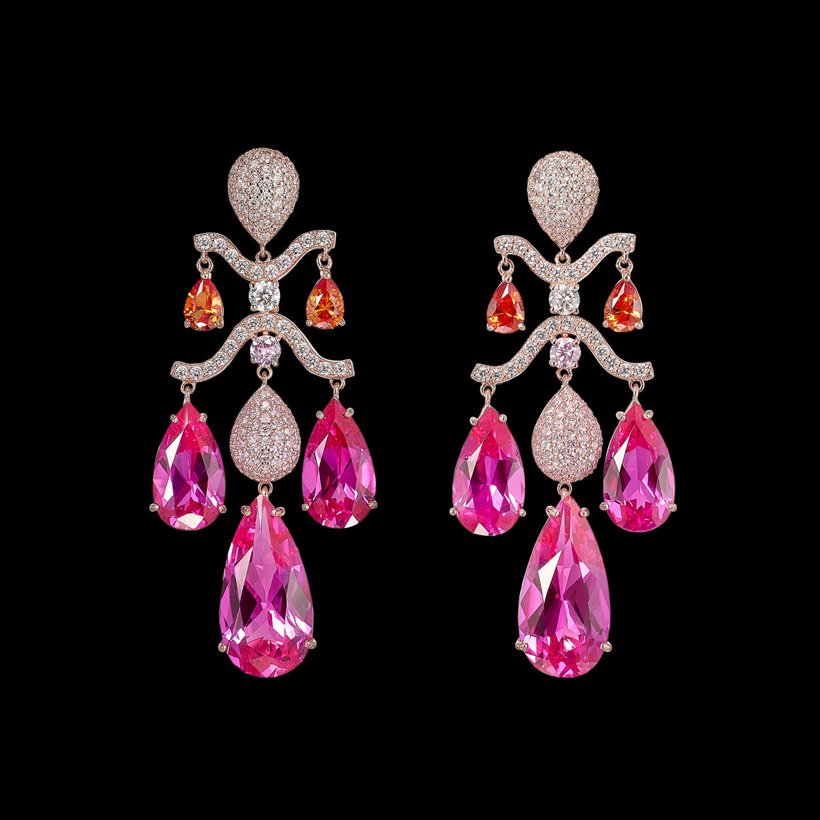 Fuchsia Sapphire Chandelier Earrings, Earrings, Anabela Chan Joaillerie - Fine jewelry with laboratory grown and created gemstones hand-crafted in the United Kingdom. Anabela Chan Joaillerie is the first fine jewellery brand in the world to champion laboratory-grown and created gemstones with high jewellery design, artisanal craftsmanship and a focus on ethical and sustainable innovations.