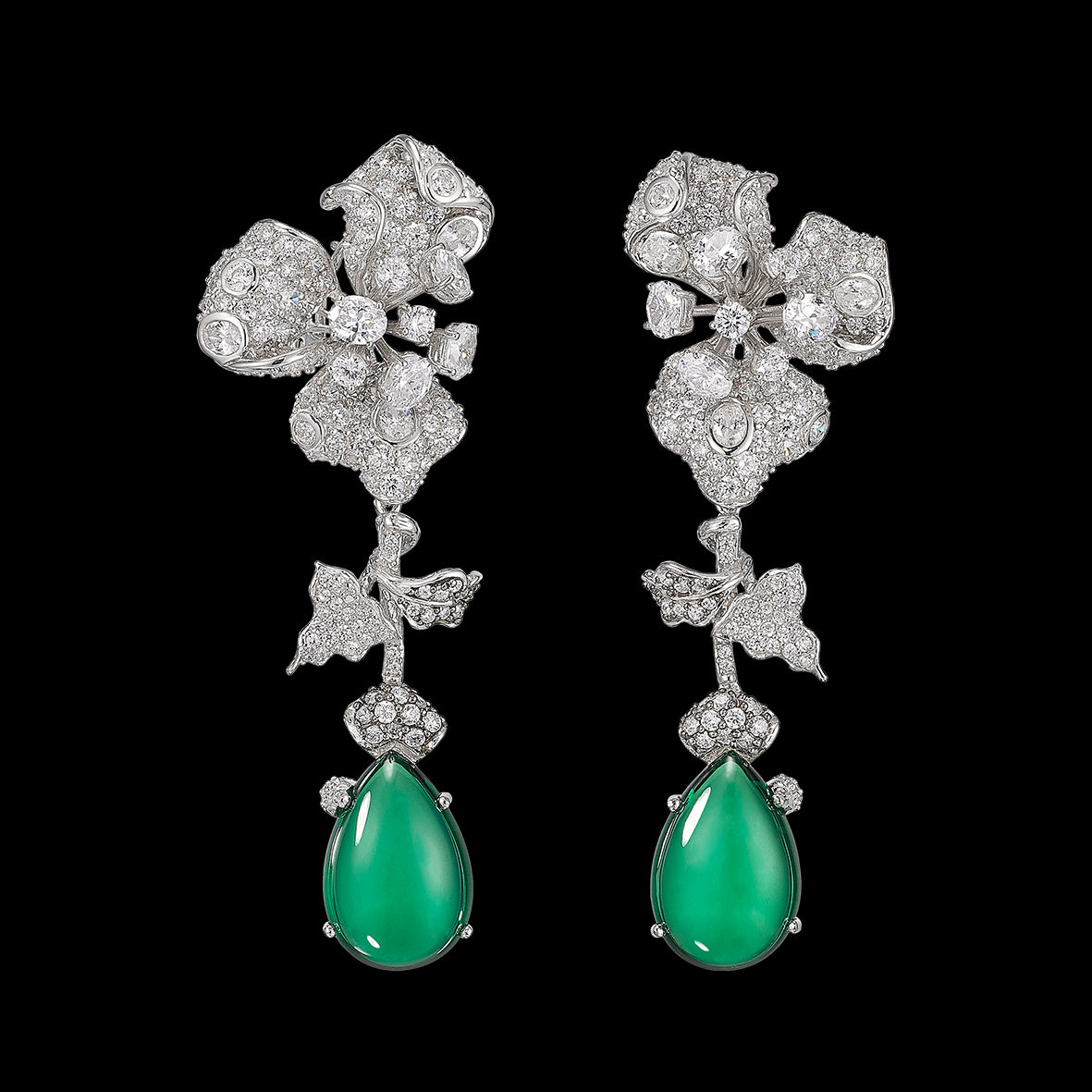 Orchid Emerald Earrings, Earrings, Anabela Chan Joaillerie - Fine jewelry with laboratory grown and created gemstones hand-crafted in the United Kingdom. Anabela Chan Joaillerie is the first fine jewellery brand in the world to champion laboratory-grown and created gemstones with high jewellery design, artisanal craftsmanship and a focus on ethical and sustainable innovations.