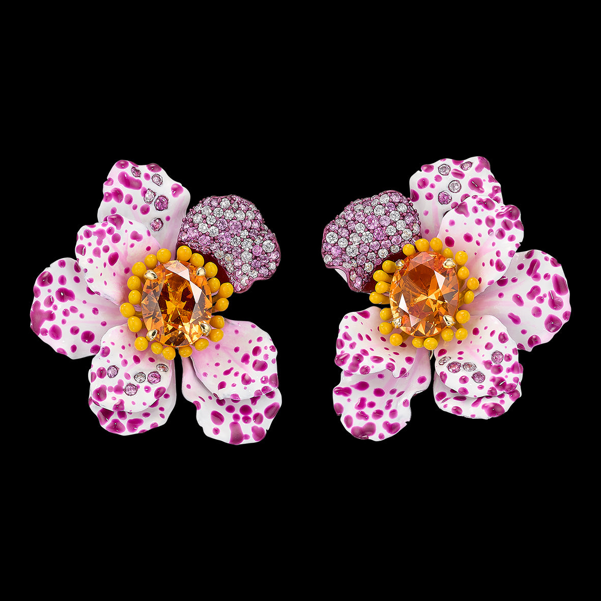 Orchid Poppy Earrings, Earrings, Anabela Chan Joaillerie - Fine jewelry with laboratory grown and created gemstones hand-crafted in the United Kingdom. Anabela Chan Joaillerie is the first fine jewellery brand in the world to champion laboratory-grown and created gemstones with high jewellery design, artisanal craftsmanship and a focus on ethical and sustainable innovations.