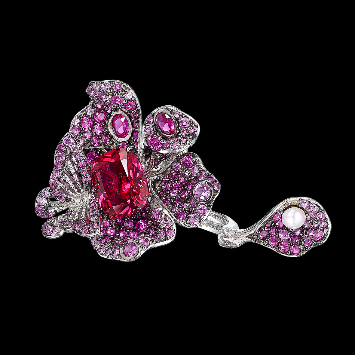 Ruby Peony Butterfly Ring, Ring, Anabela Chan Joaillerie - Fine jewelry with laboratory grown and created gemstones hand-crafted in the United Kingdom. Anabela Chan Joaillerie is the first fine jewellery brand in the world to champion laboratory-grown and created gemstones with high jewellery design, artisanal craftsmanship and a focus on ethical and sustainable innovations.