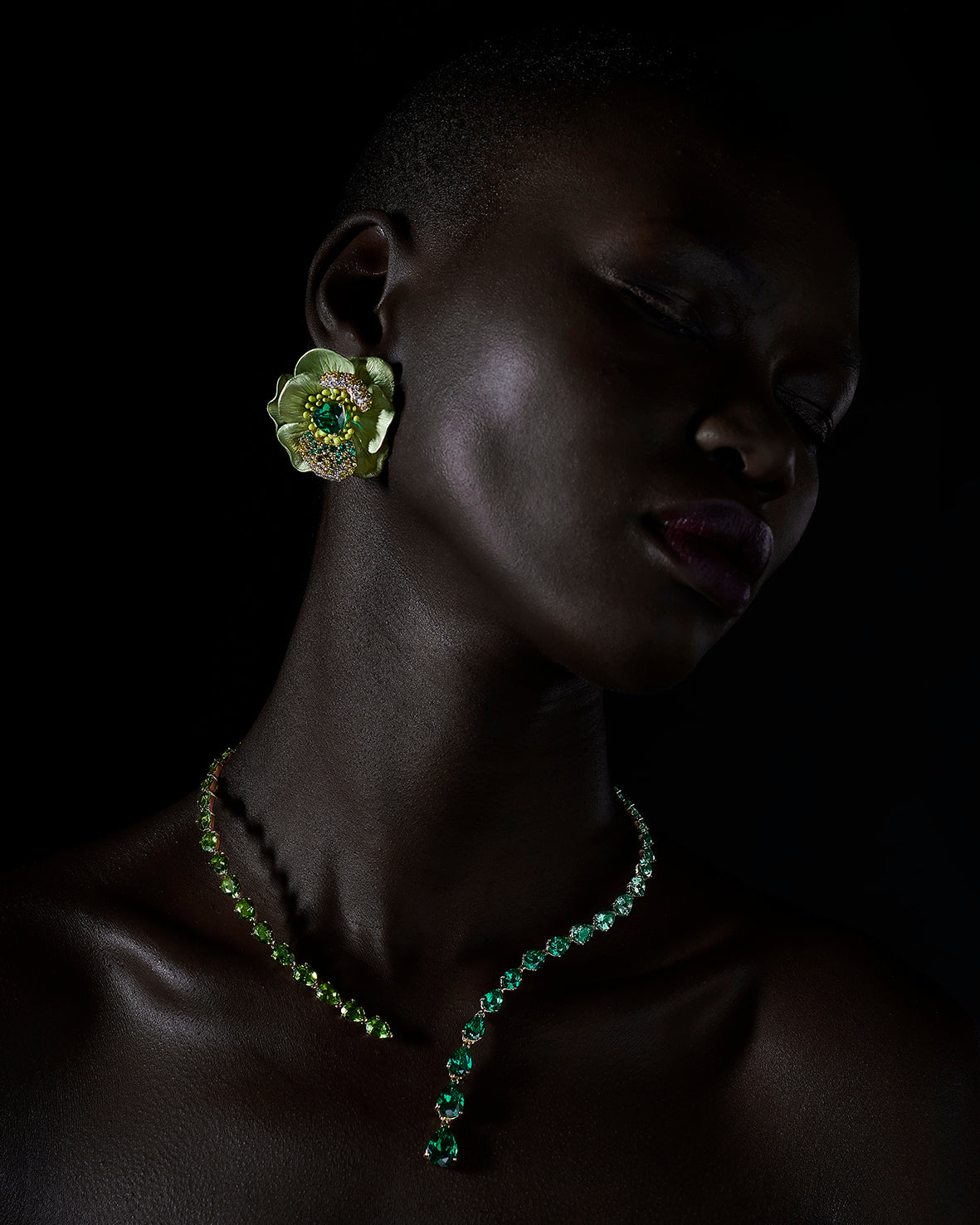 Anabela Chan_Emerald Nova Collar_Citrus Bloom Earrings_Model Campaign Shot