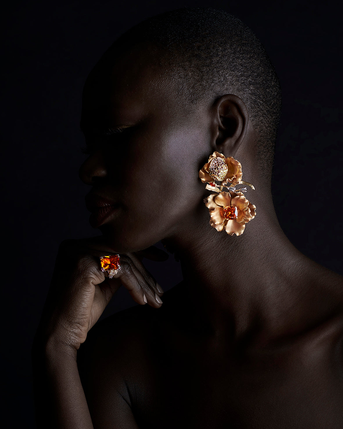 Anabela Chan_Golden Magnolia Earrings_Imperial Cinderella Ring_Model Campaign Shot
