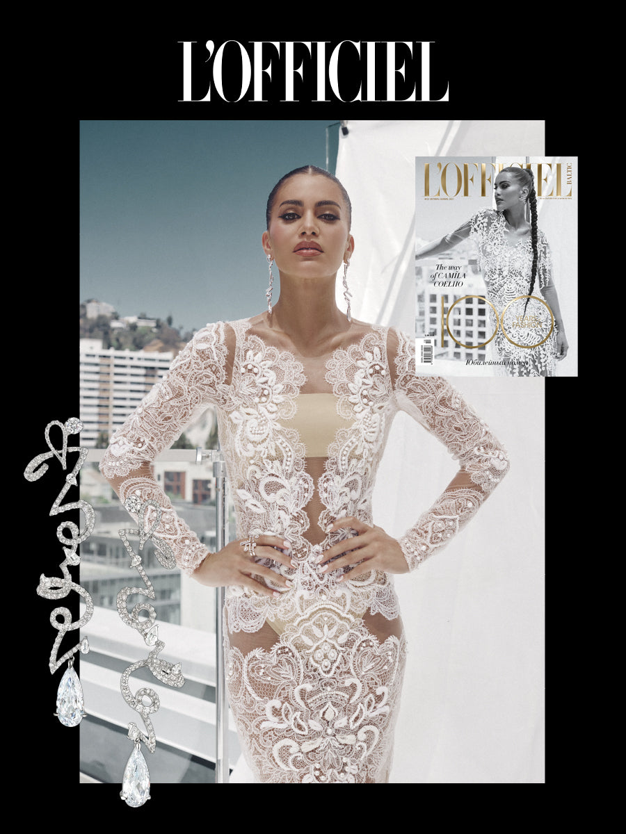Anabela Chan Joaillerie_100th Anniversary Issue of L’Officiel Baltic_Camila Coelho_Script Earrings
