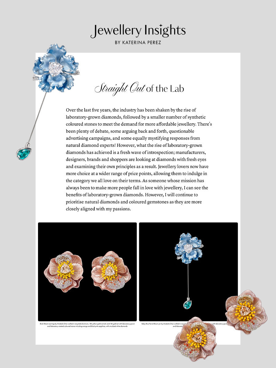 Anabela_Chan_Joaillerie_Blush_Bloom_Earrings_and_Baby_Blue_Parrot_Bloom_Pin_featured_in_Jewellery_Insights_September_2025_cover