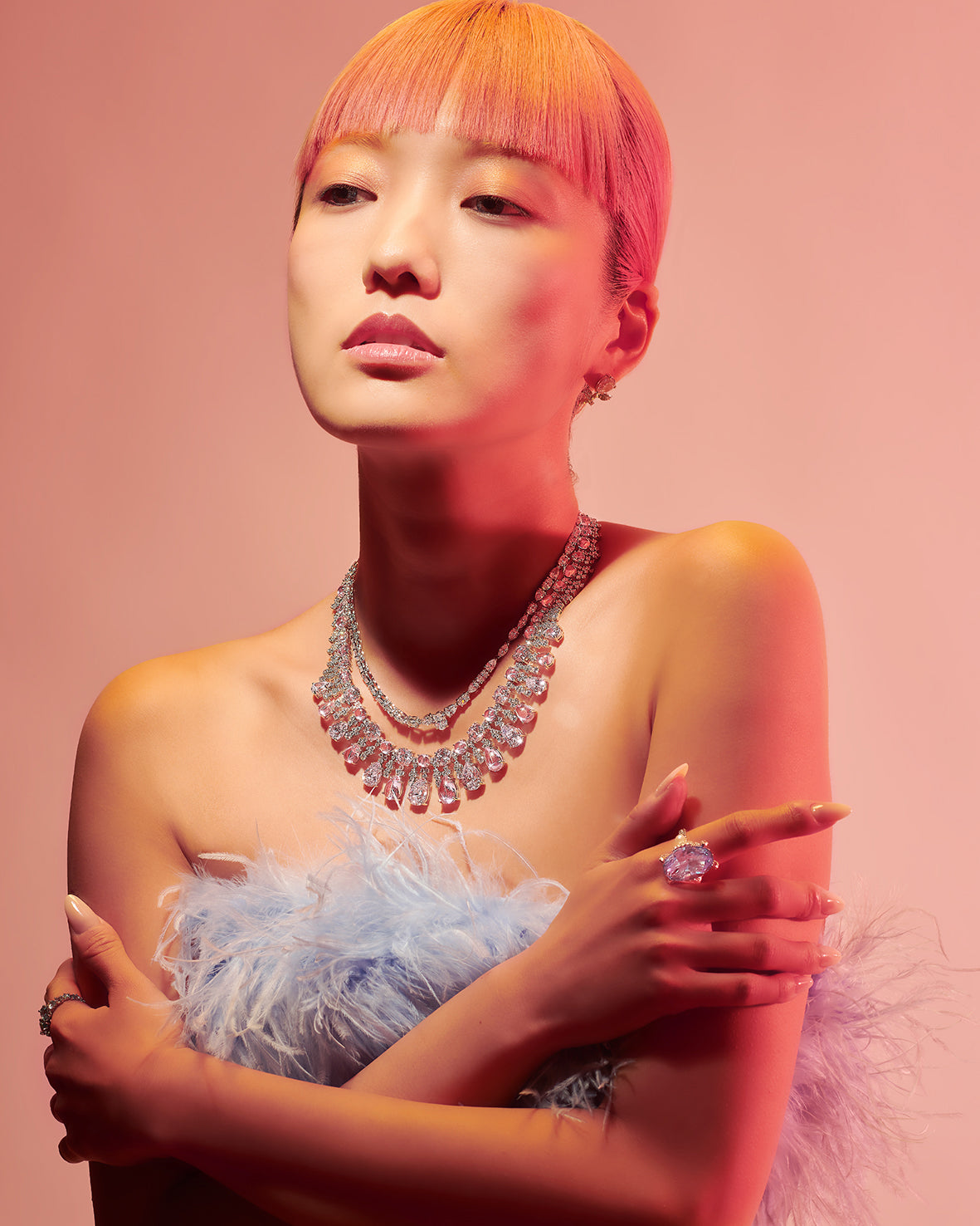 Anabela Chan Joaillerie_Blush Tutti Frutti Necklace, Rose Blue Tulip Earrings, Dimaond Spectra Necklace, Pale Rose Mermaid Ring, Baby Blue Nova Starburst Ring_Model Campaign Image