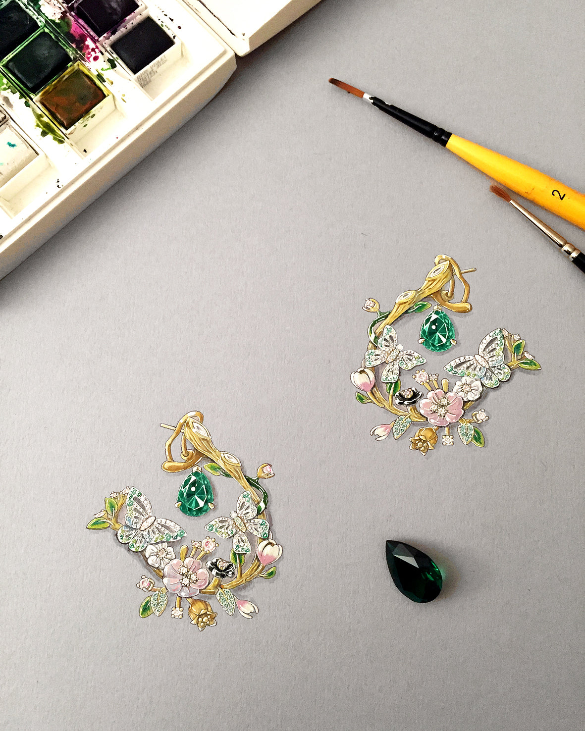 Anabela Chan Joaillerie_Butterfly Orchard Earrings_Gouache Painting