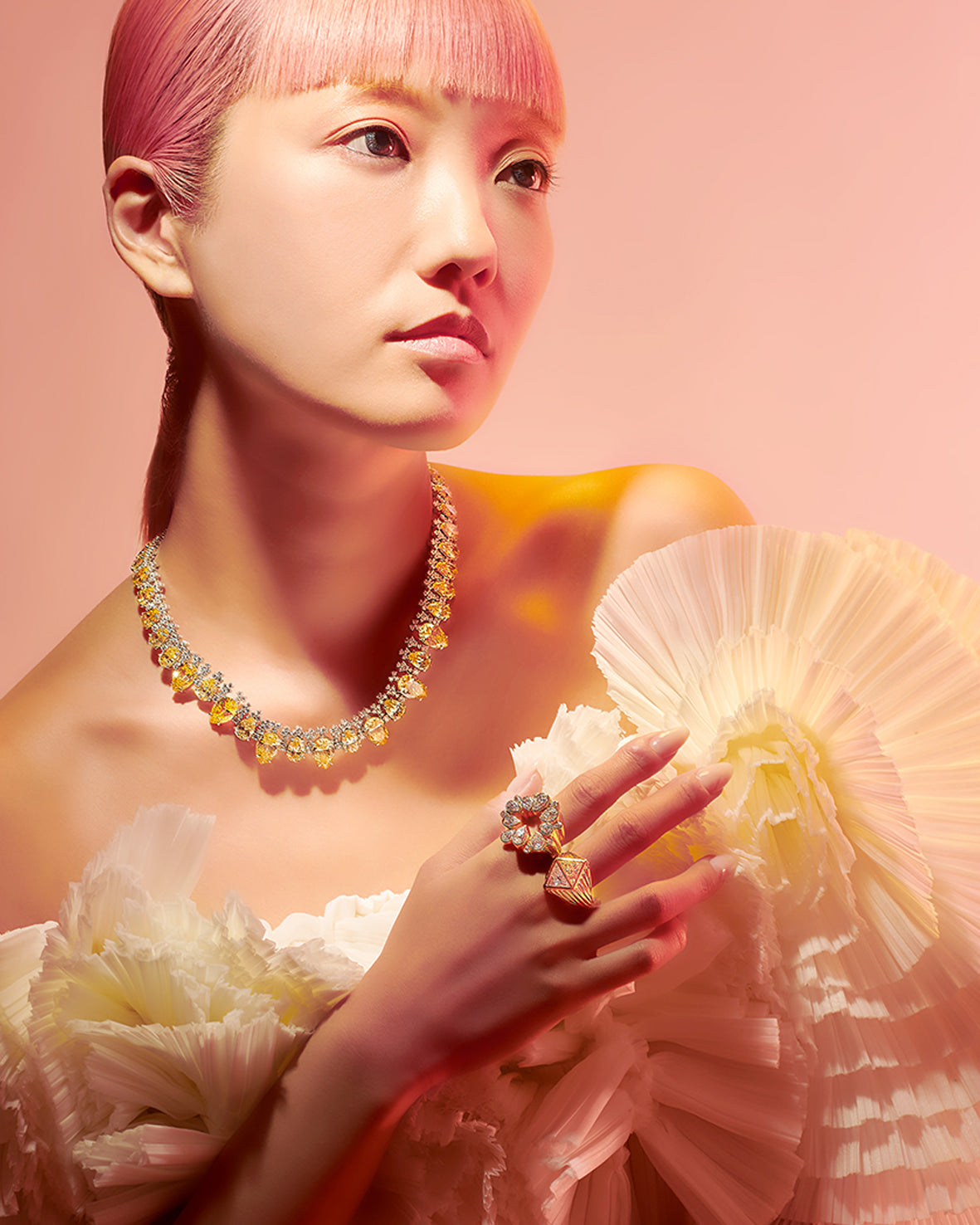Anabela Chan Joaillerie_Canary Love & Tears Necklace, Canary Diamond Signet Ring & Diamond Panettone Ring_Model Campaign