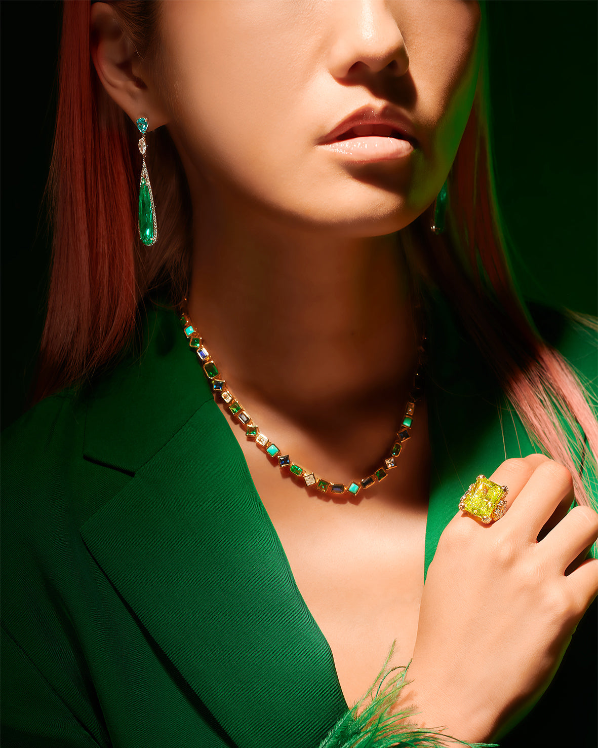 Anabela Chan Joaillerie_Emerald Shard Earrings, Emerald Turquoise Deco Necklace, & Lemon Cinderella Ring_Model Campaign