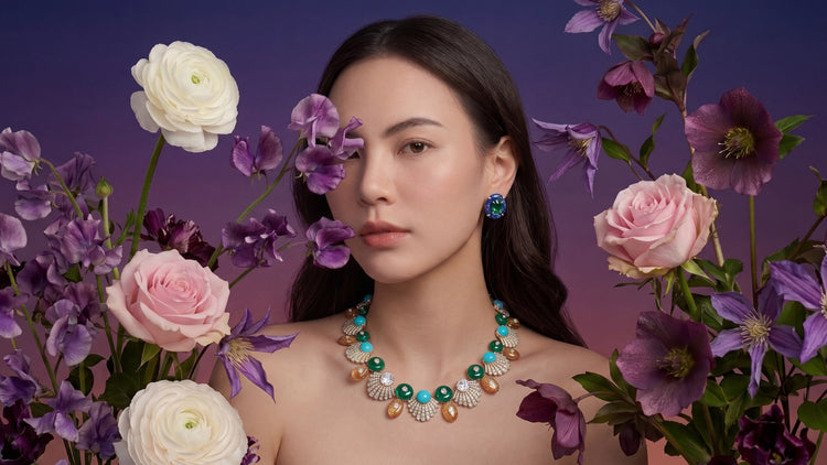 Anabela_Chan_Joaillerie_Emerald_Treasure_Ariel_Necklace_Emerald_Lapis_Pebble_Earrings_Floral_Model_Campaign_Image_Landing_Page_Slideshow_Landscape