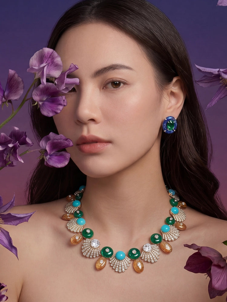 Anabela_Chan_Joaillerie_Emerald_Treasure_Ariel_Necklace_Emerald_Lapis_Pebble_Earrings_Floral_Model_Campaign_Image_Landing_Page_Slideshow_Portrait