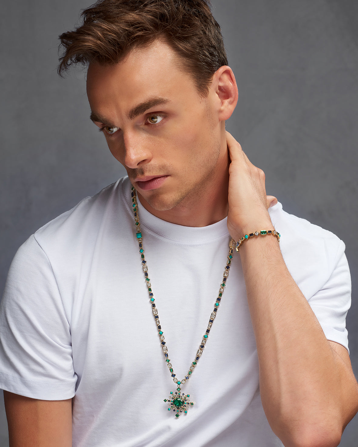 Anabela Chan Joaillerie_Emerald Turquoise Spectra Pendant Necklace, Emerald Turquoise Deco Bracelet_Model Campaign Shot