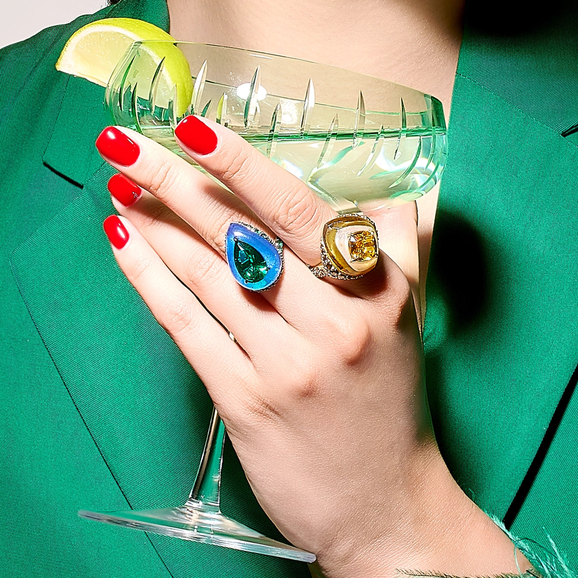 Anabela_Chan_Joaillerie_Fruit_Gems__Autumn_Sugarloaf_Ring_Emerald_Spirulina_Elixir_Ring_Model_Campaign_Image