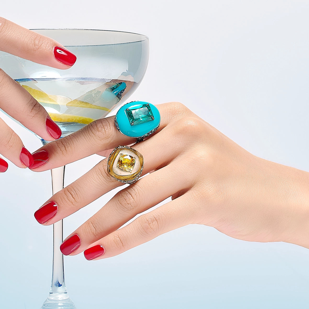 Anabela_Chan_Joaillerie_Fruit_Gems__Autumn_Sugarloaf_Ring_Emerald_Turquoise_Pebble_Ring_Model_Campaign_Image