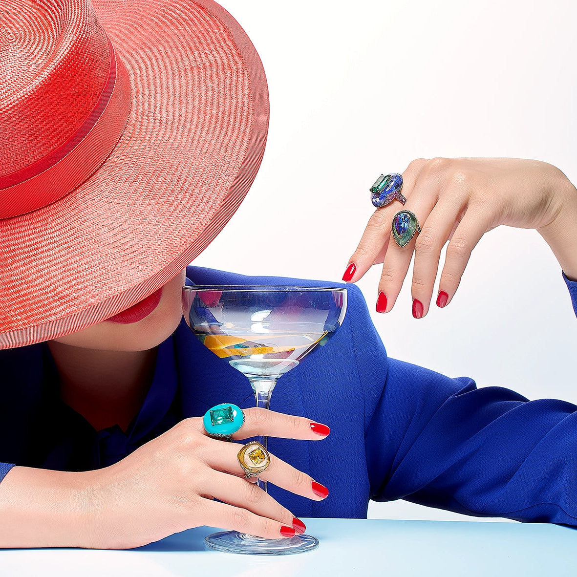 Anabela_Chan_Joaillerie_Fruit_Gems__Autumn_Sugarloaf_Ring_Emerald_Turquoise_Pebble_Ring_Sapphire_Plankton_Elixir_Ring_Emerald_Lapis_Pebble_Ring_Model_Campaign_Image_02_web