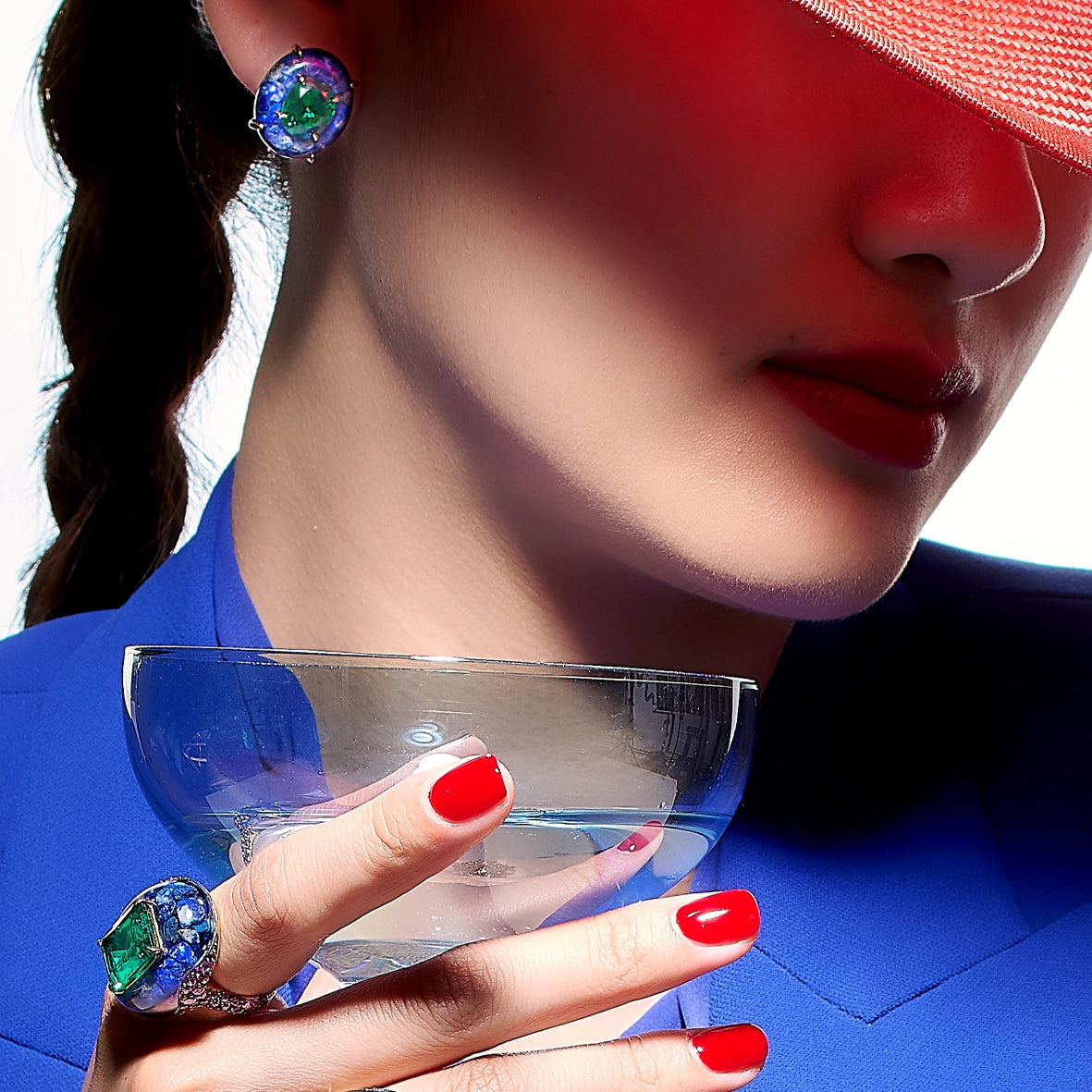 Anabela_Chan_Joaillerie_Fruit_Gems__Emerald_Lapis_Pebble_Earrings_Emerald_Lapis_Pebble_Ring_Model_Campaign_Image