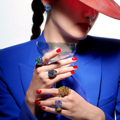 Anabela_Chan_Joaillerie_Fruit_Gems__Emerald_Lapis_Pebble_Earrings_Emerald_Lapis_Pebble_Ring_Sapphire_Plankton_Elixir_Ring_Amber_Garden_Ring_Sapphire_Spirulina_Petunia_Ring_Model_Campa
