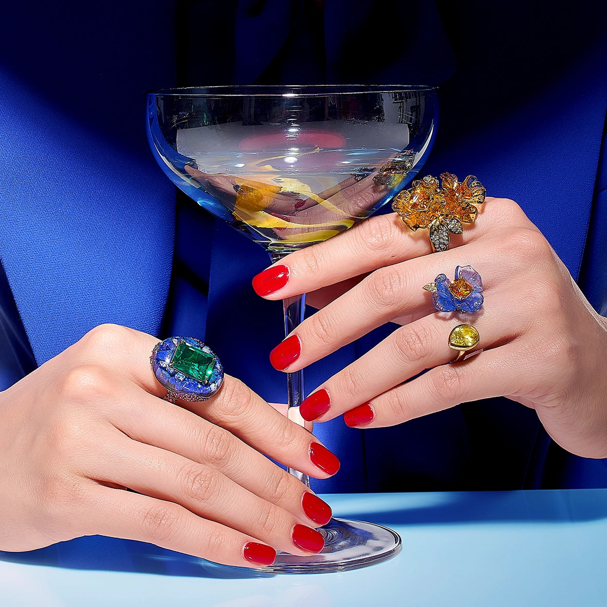 Anabela_Chan_Joaillerie_Fruit_Gems__Emerald_Lapis_Pebble_Ring_Amber_Garden_Ring_Sapphire_Spirulina_Petunia_Ring_Model_Campaign_Image_web
