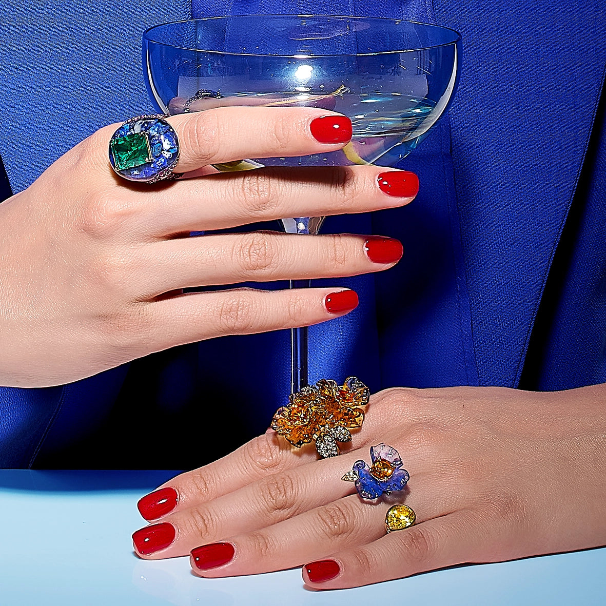 Anabela_Chan_Joaillerie_Fruit_Gems__Emerald_Spirulina_Elixir_Ring_Amber_Garden_Ring_Sapphire_Spirulina_Petunia_Ring_Model_Campaign_Image