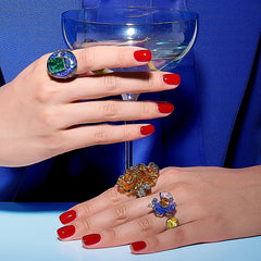 Anabela_Chan_Joaillerie_Fruit_Gems__Emerald_Spirulina_Elixir_Ring_Amber_Garden_Ring_Sapphire_Spirulina_Petunia_Ring_Model_Campaign_Image