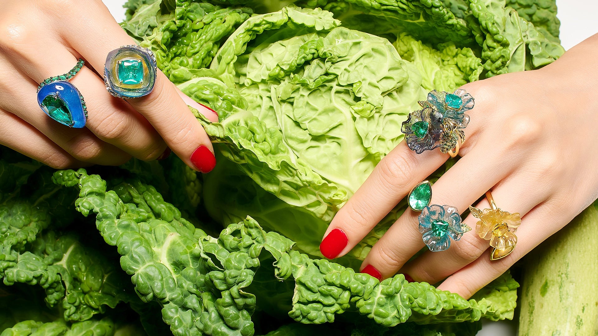Anabela Chan Joaillerie_Fruit Gems™_Emerald Spirulina Elixir Ring, Flower and Spirulia Garden Ring, Tourmaline Spirulina Petunia Ring, Yellow Sapphire Spinach Petunia Ring, Ocean Sugarloaf Ring_Model Campaign Image_desktop